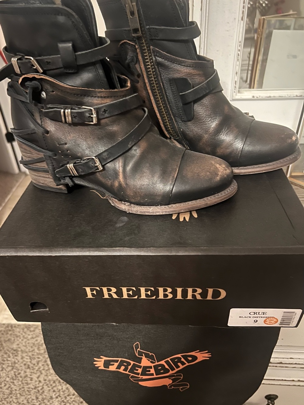 Freebird-Crue  black distressed leather buckle ankle boots